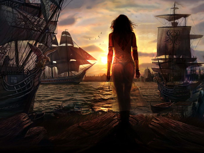 Girl Sunset Sailing Ship Rendering Print POSTER Affiche