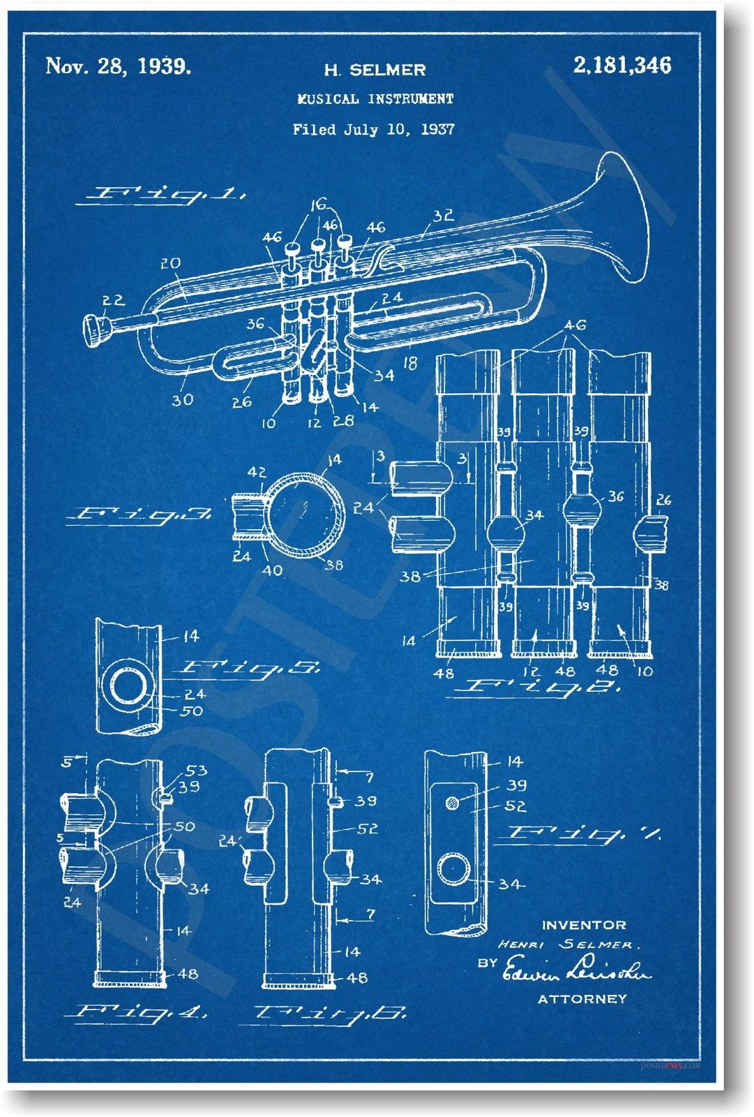 173240 Trumpet Patent Vintage Invention Patent Decor WALL PRINT POSTER US 173240 Trumpet Patent Vintage Invention Patent Decor WALL PRINT POSTER US