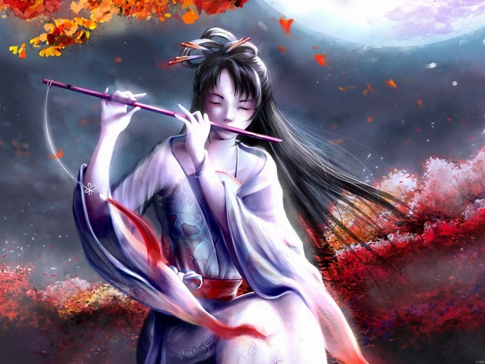 Flute Japanese girl Beauty Autumn Music Wall Print POSTER AU Flute Japanese girl Beauty Autumn Music Wall Print POSTER AU