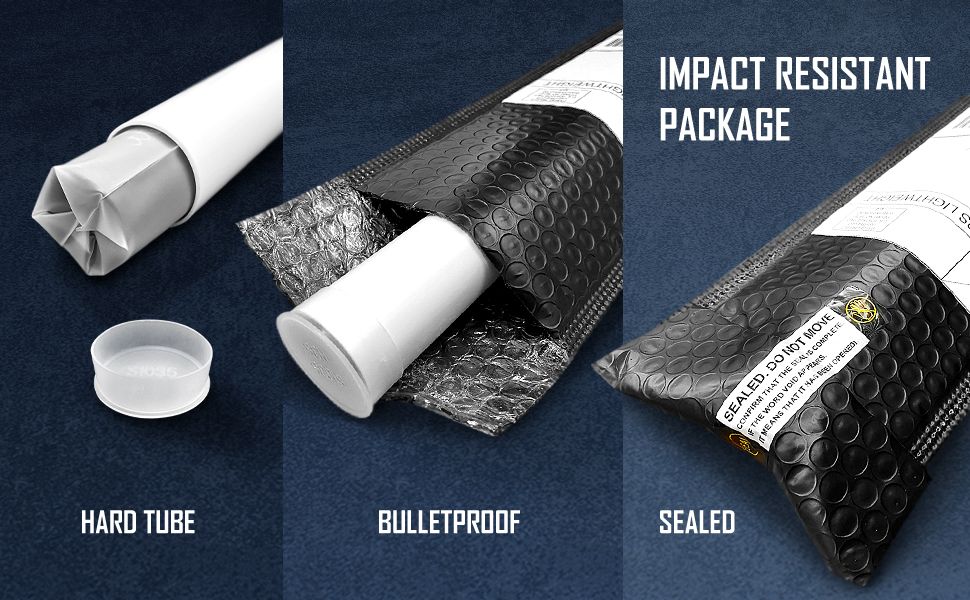 Rolled in a hard tube. Bulletproof, impact resistant package.